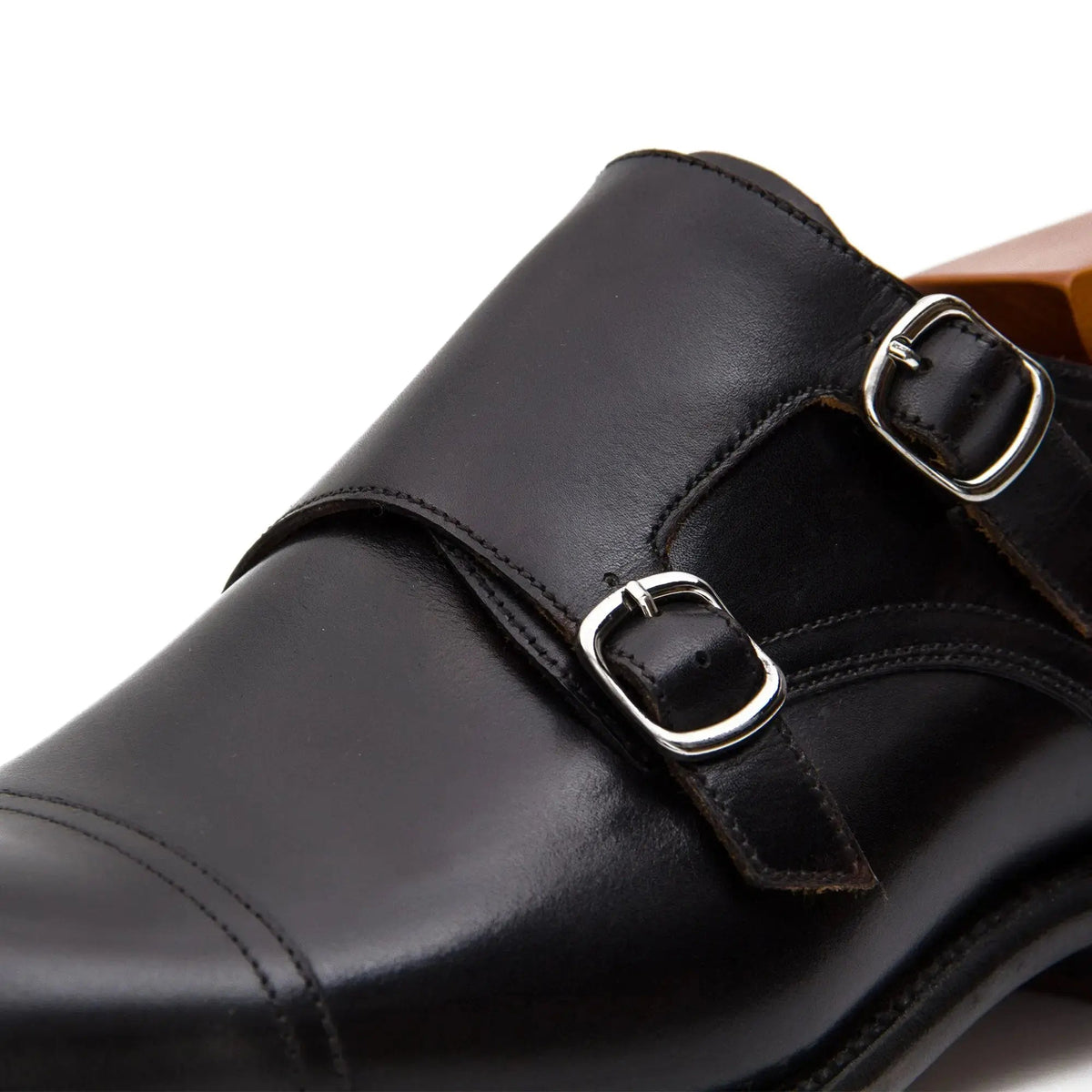 Black Cap-Toe Double Monk Strap Shoes with Polished Finish