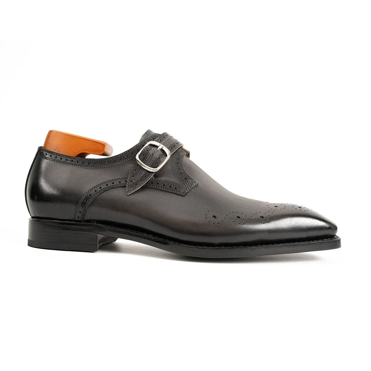 Dark Gray-Black Single Monk Strap Shoes with Toe Medallion