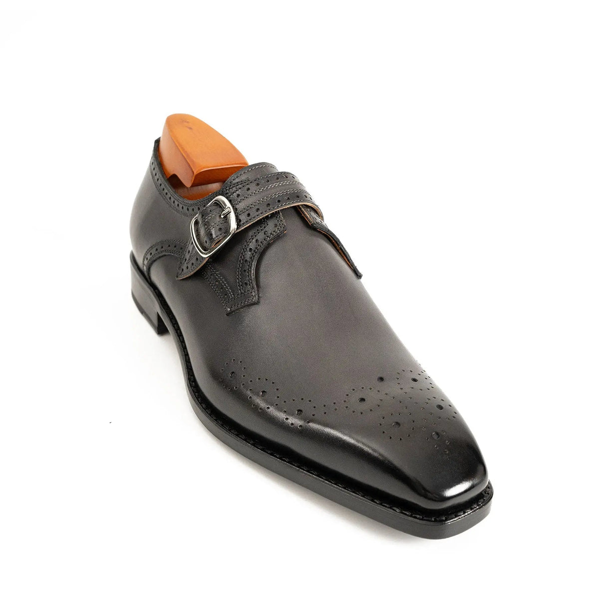 Dark Gray-Black Single Monk Strap Shoes with Toe Medallion