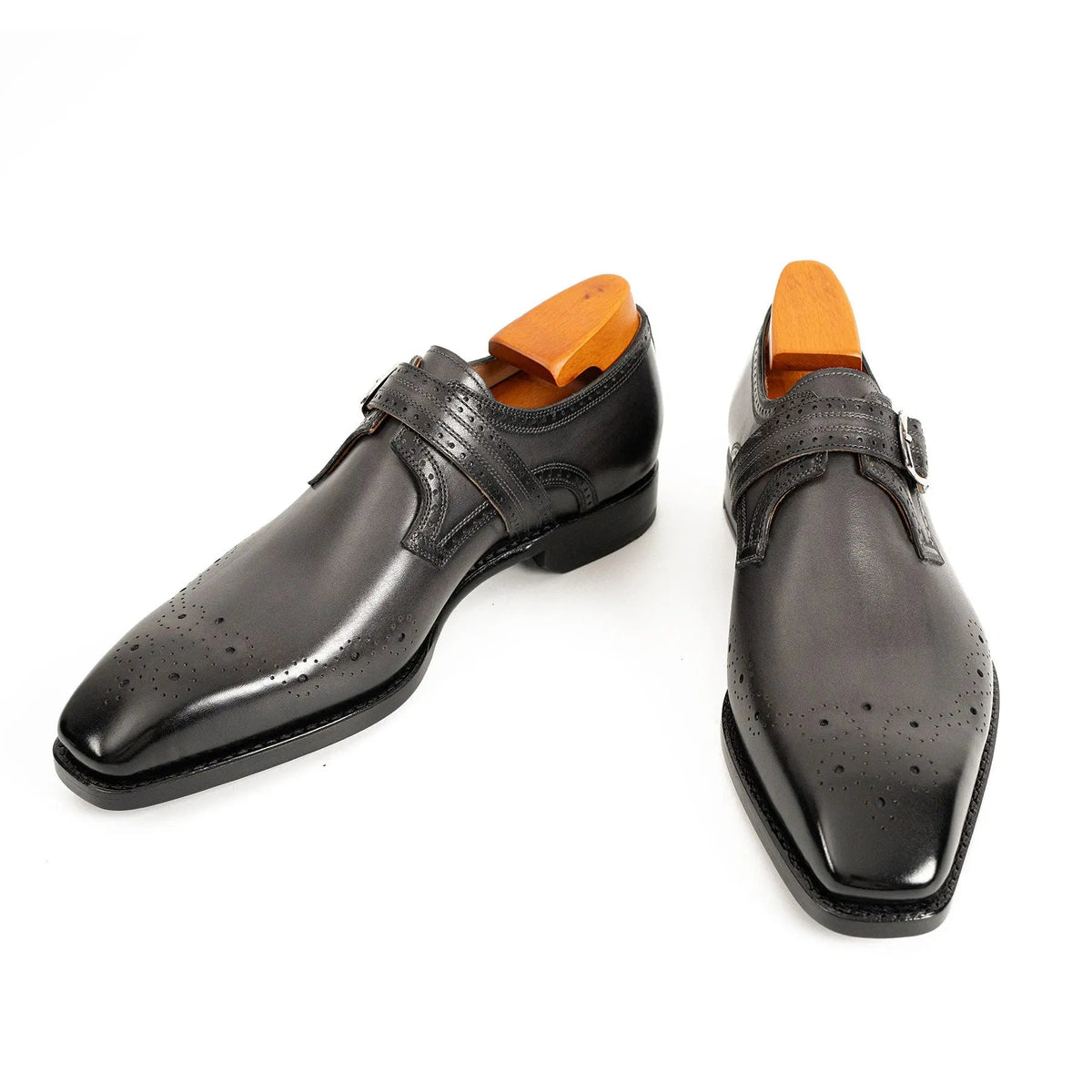 Dark Gray-Black Single Monk Strap Shoes with Toe Medallion