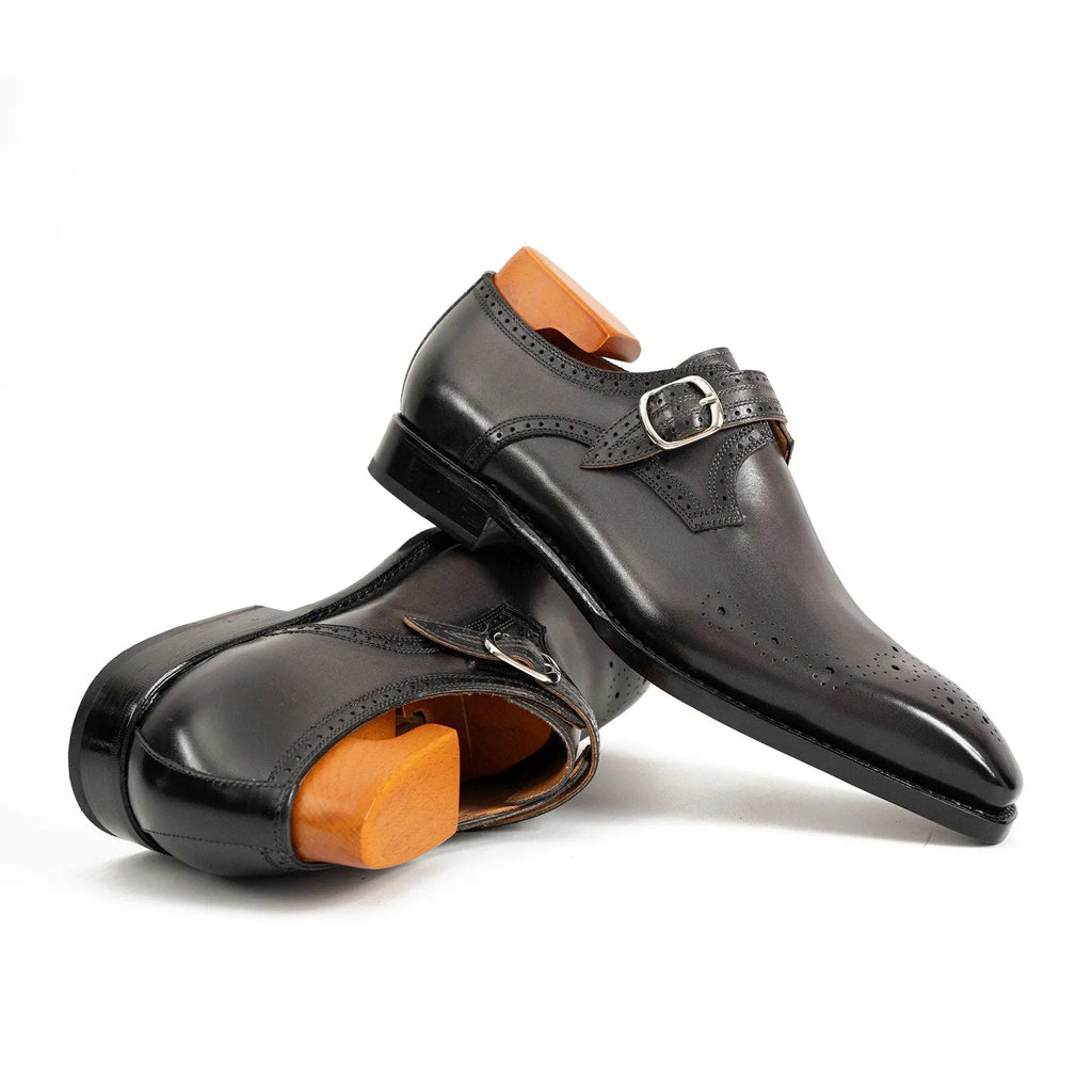 Dark Gray-Black Single Monk Strap Shoes with Toe Medallion