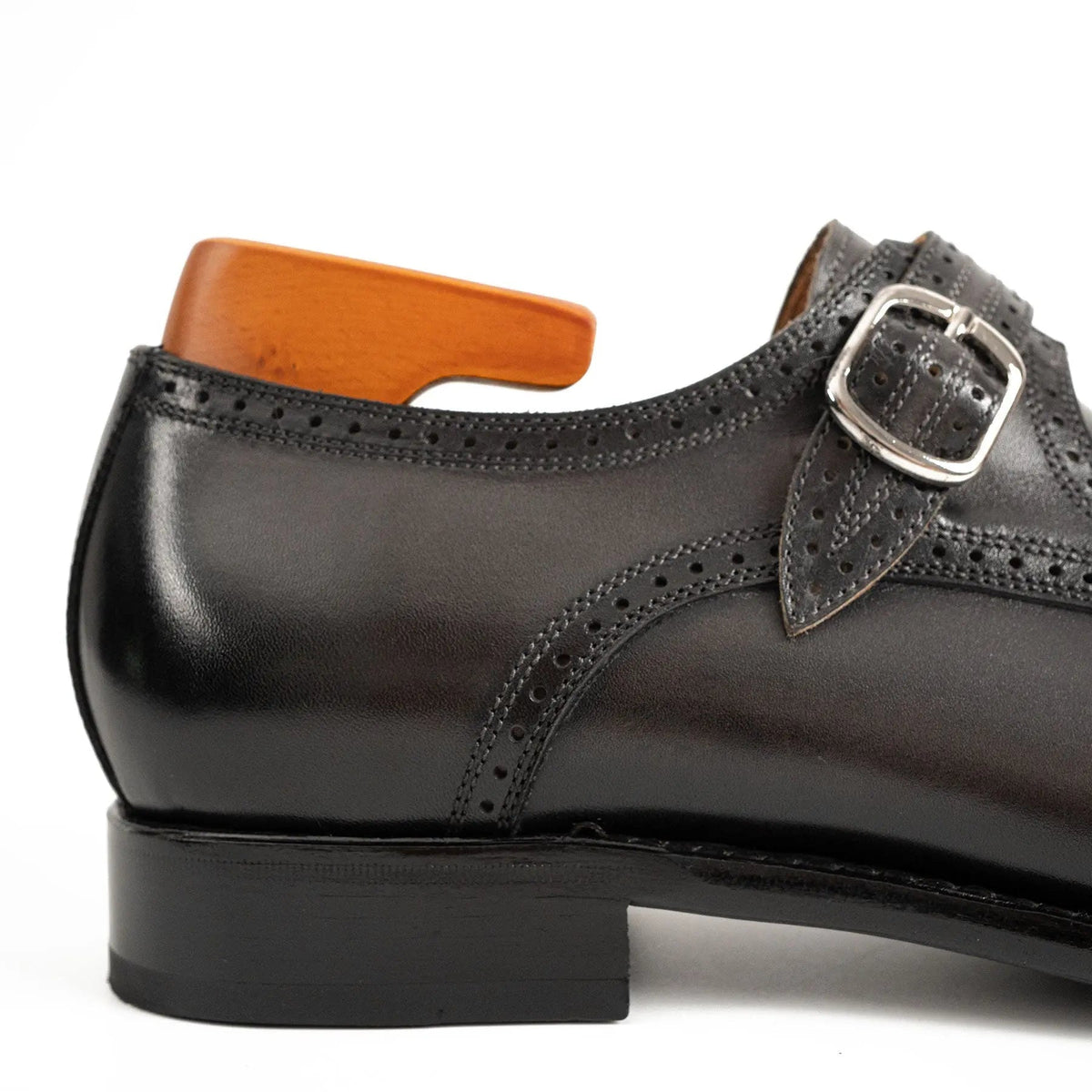 Dark Gray-Black Single Monk Strap Shoes with Toe Medallion