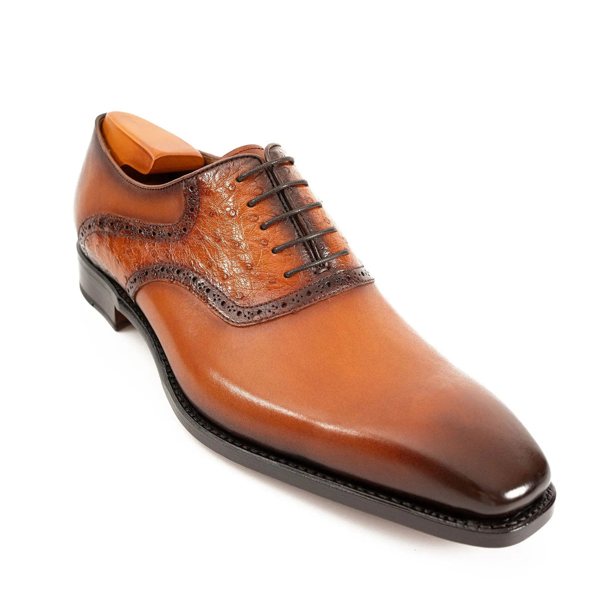 Orange-Brown Square-Toe Oxfords with Raised-Texture Panels