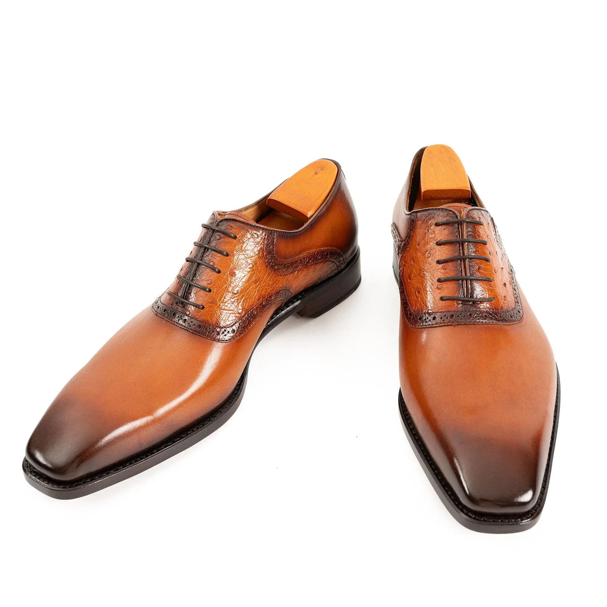 Orange-Brown Square-Toe Oxfords with Raised-Texture Panels