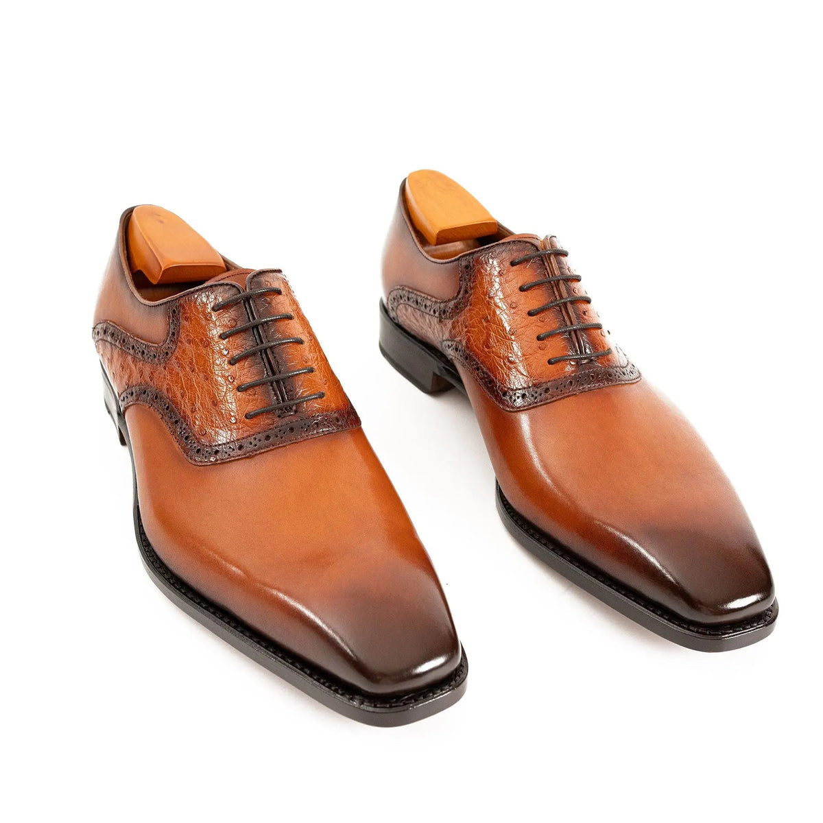 Orange-Brown Square-Toe Oxfords with Raised-Texture Panels