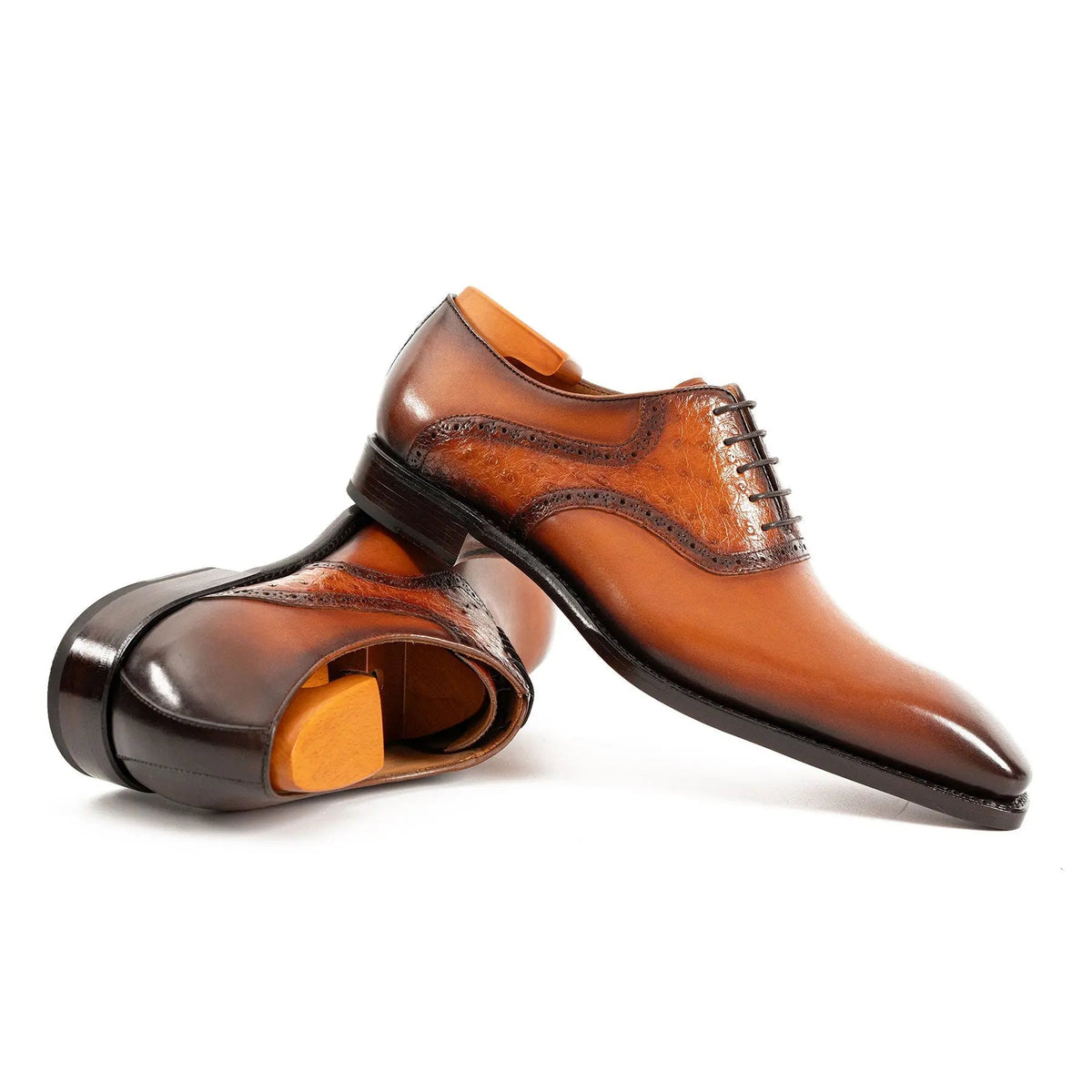 Orange-Brown Square-Toe Oxfords with Raised-Texture Panels