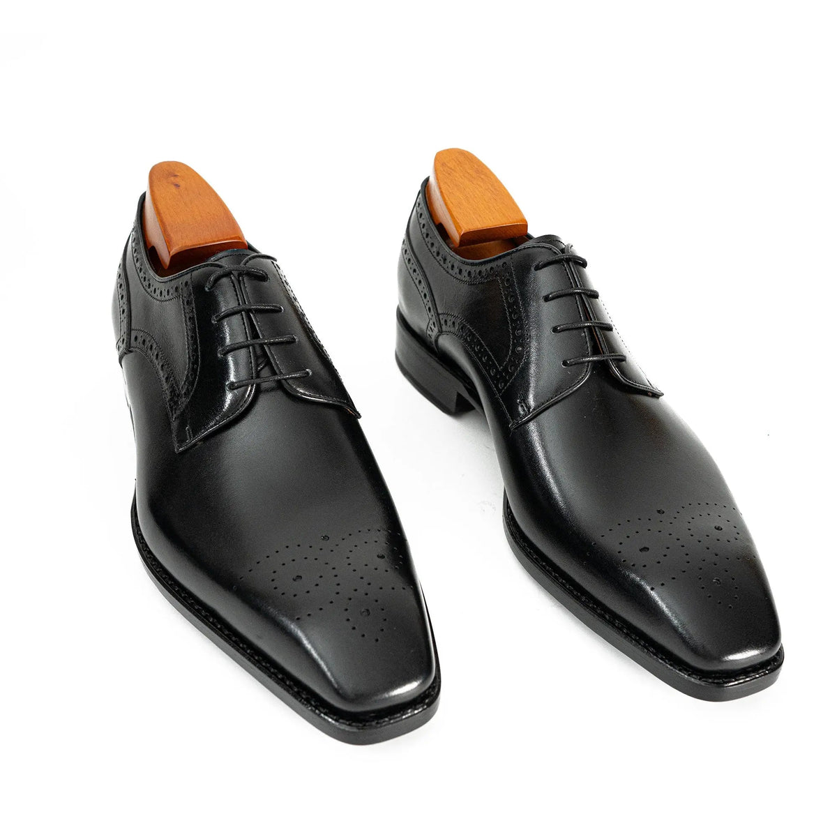 Black Square-Toe Oxfords with Perforated Collar Trim