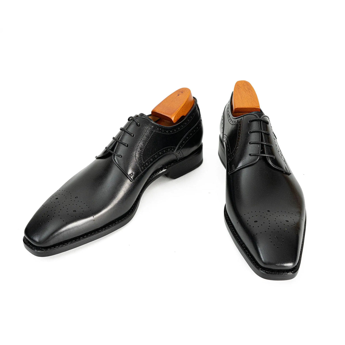 Black Square-Toe Oxfords with Perforated Collar Trim