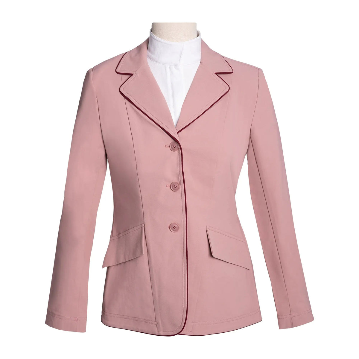 Grand Prix Ladies EQJ 3 Button Show Coat, Rose with Burgundy Piping