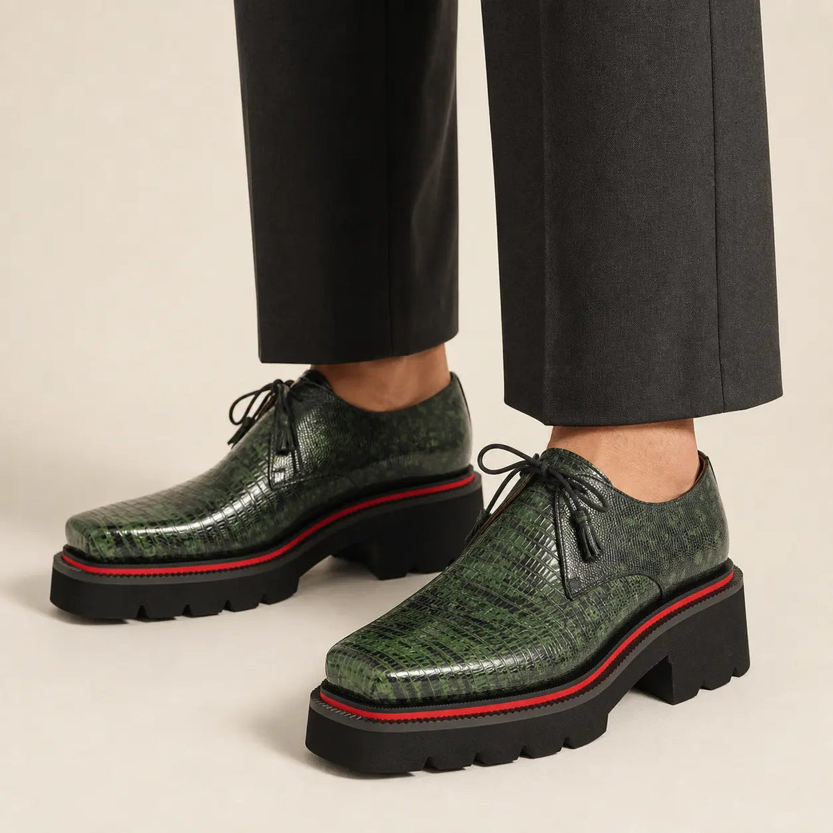 Green and Black Textured Lug Sole Derby Shoe
