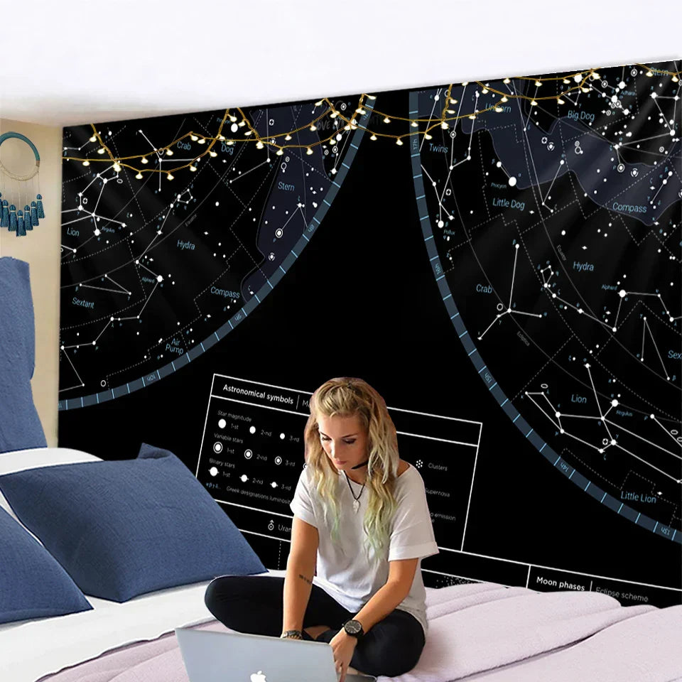 DecorBites™ Interstellar Sky Map Constellations Tapestry- Black Galactic Wall Decor