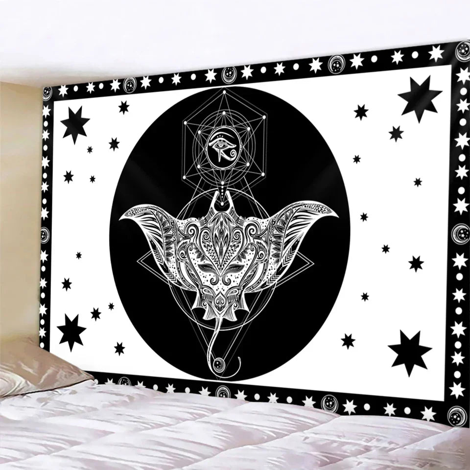 DecorBites™ Black & White Tarot Witchcraft Tapestry | Bohemian Hippie Mandala Wall Decor