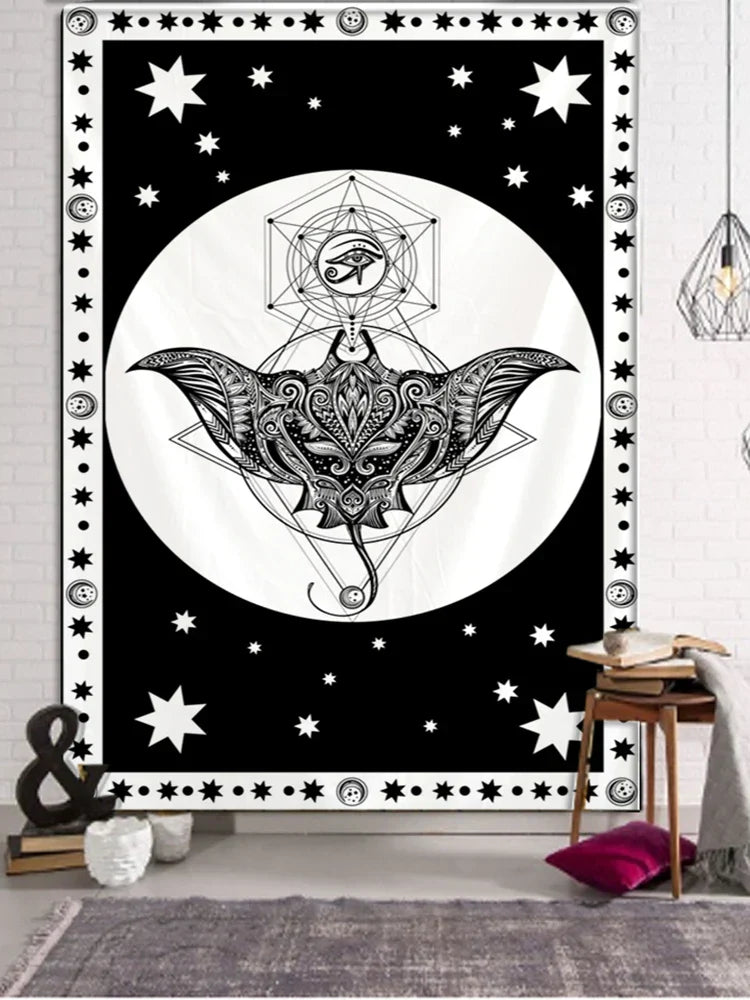 DecorBites™ Black & White Tarot Witchcraft Tapestry | Bohemian Hippie Mandala Wall Decor
