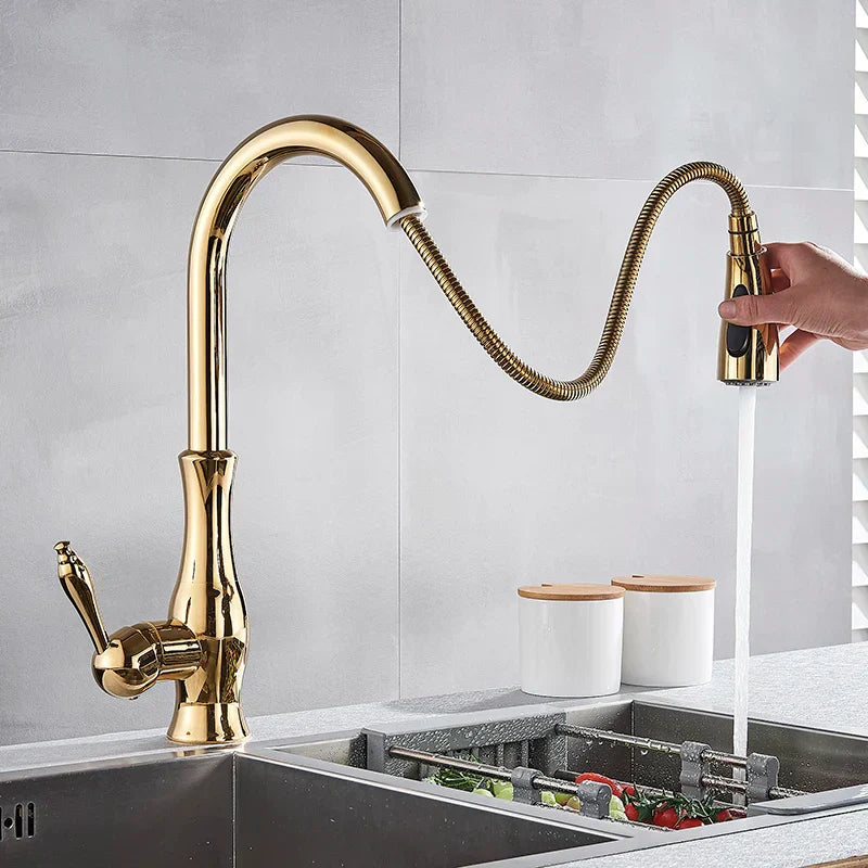 DecorBites™ Gold Swivel Spout Kitchen Faucet with Pull Down Sprayer