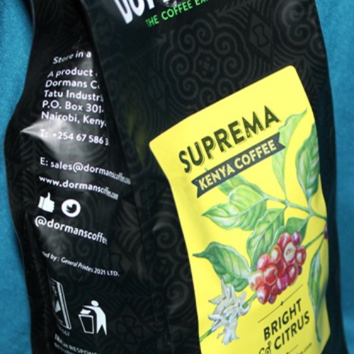 Dormans Suprema Kenya Coffee side package close up