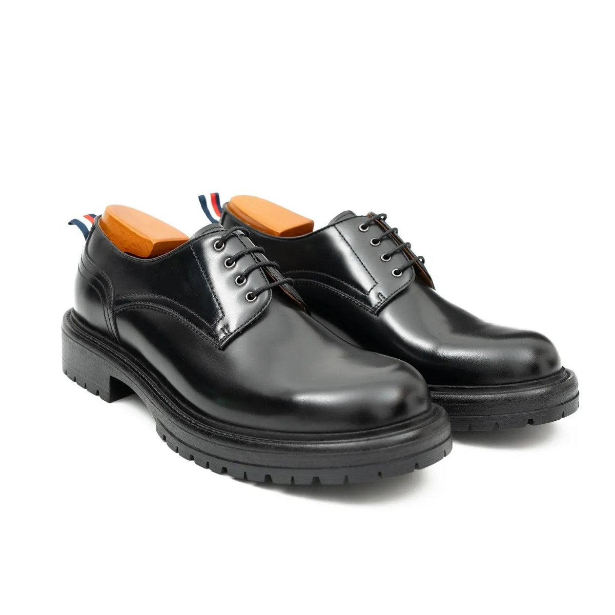 Black Plain-Toe Derby Shoes with Pull Tab