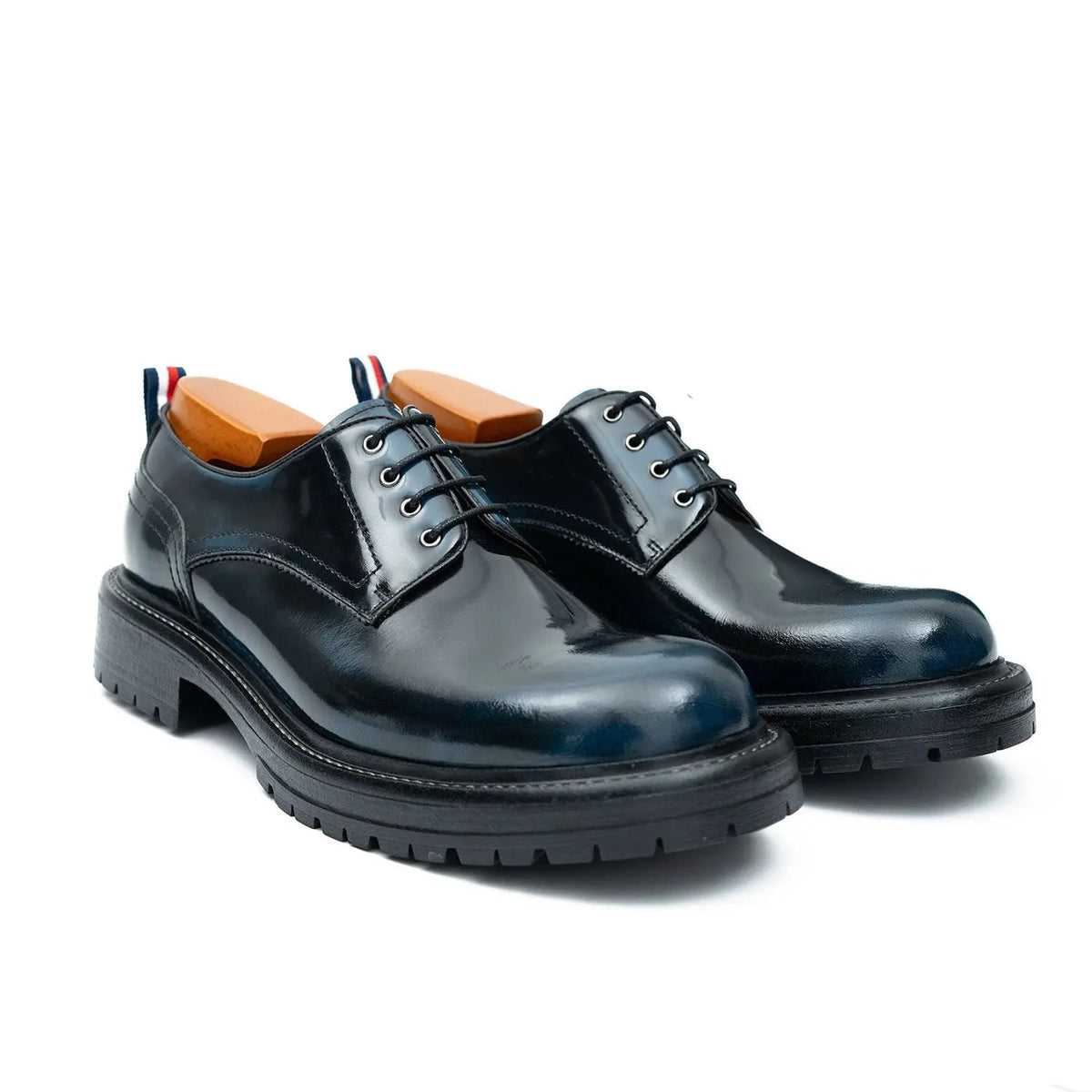 Dark Blue Plain-Toe Derby Shoes with Pull Tab