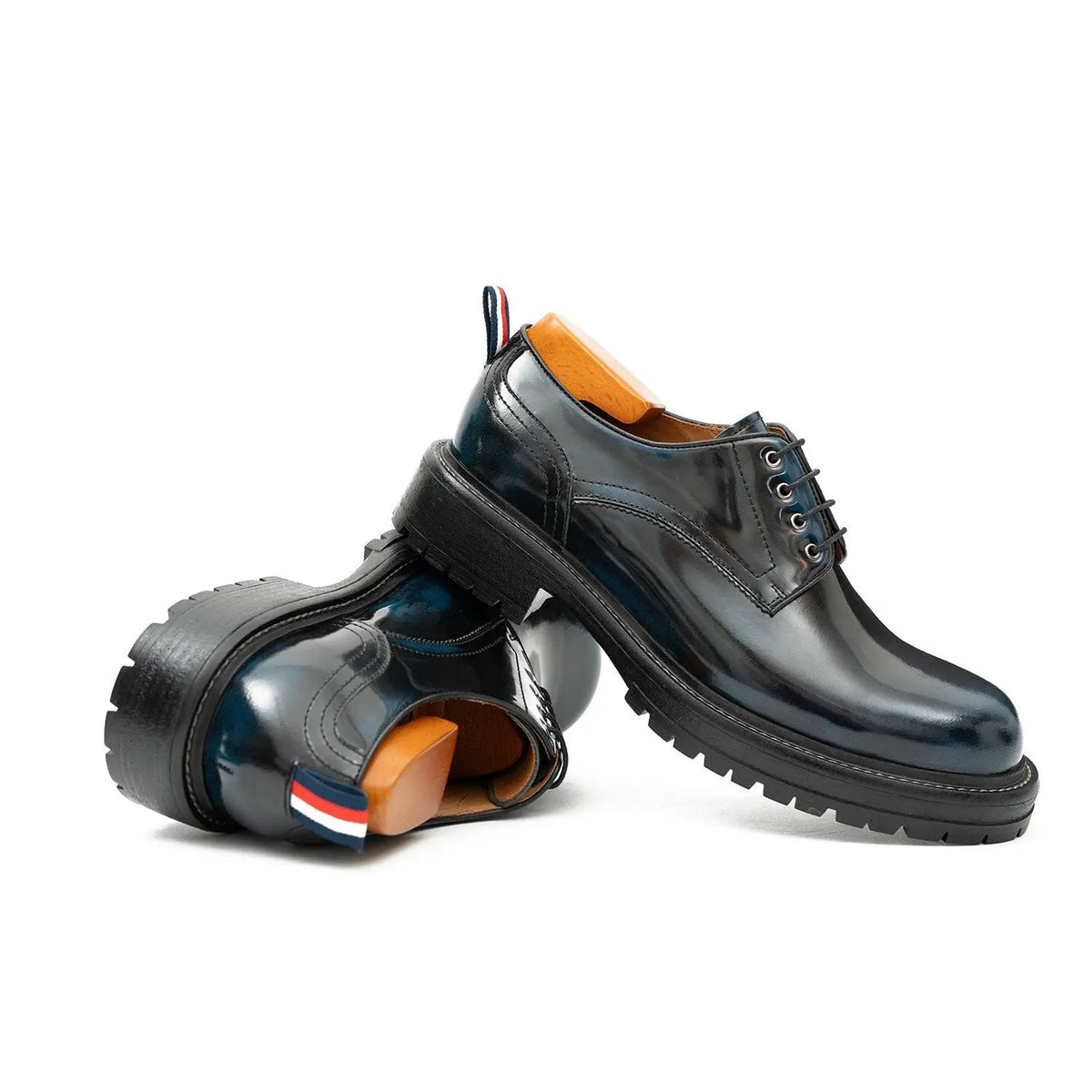 Dark Blue Plain-Toe Derby Shoes with Pull Tab