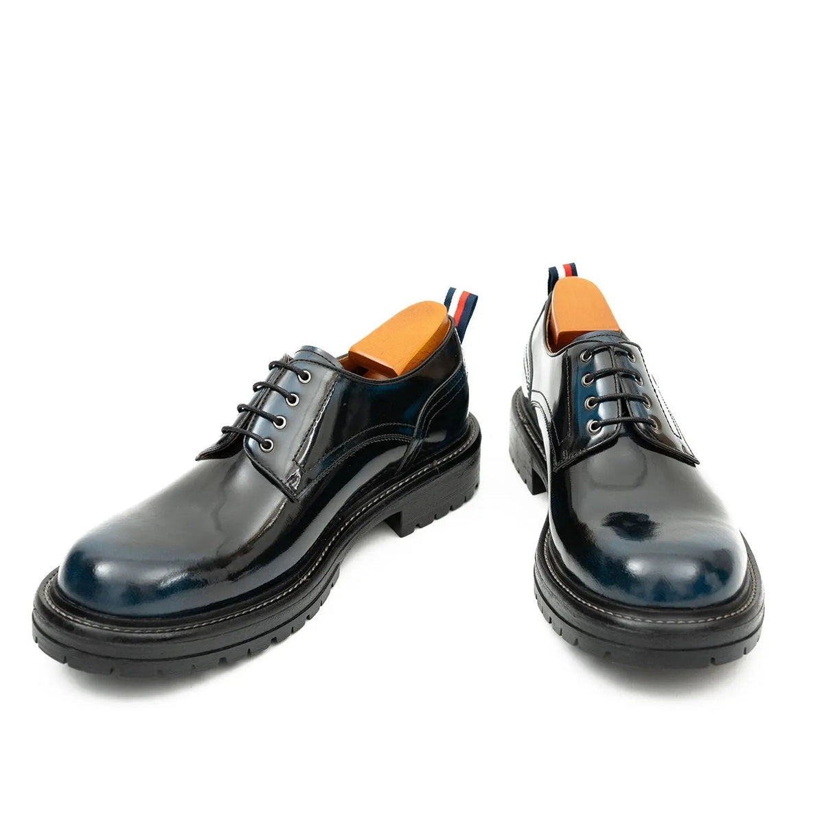 Dark Blue Plain-Toe Derby Shoes with Pull Tab