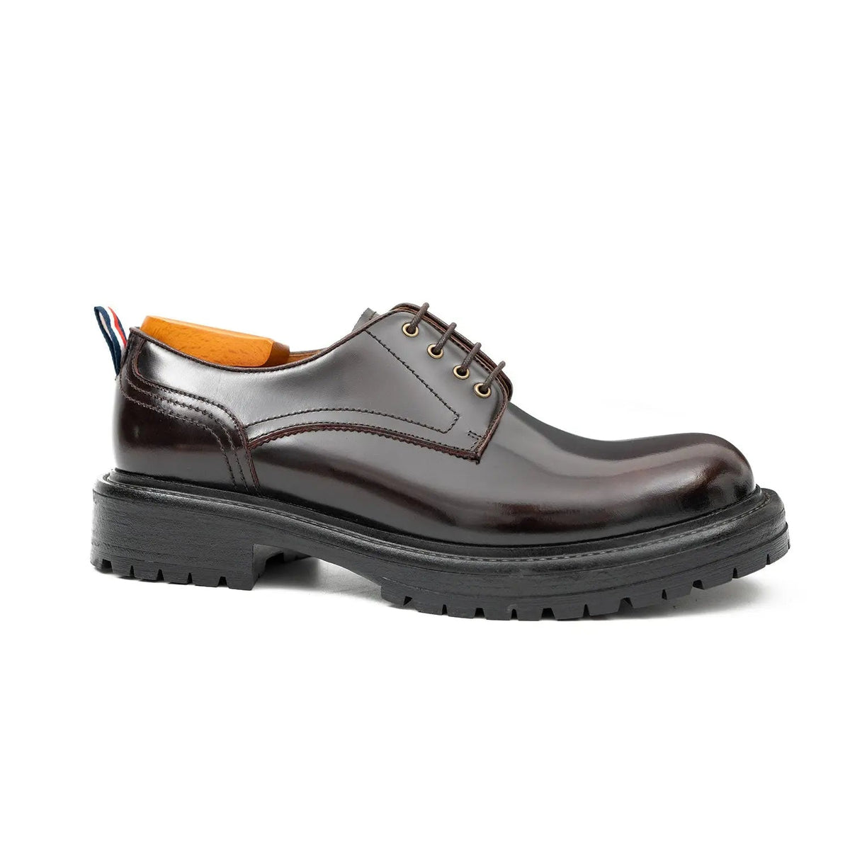 Very Dark Reddish Brown Plain-Toe Derby Shoes with Pull Tab