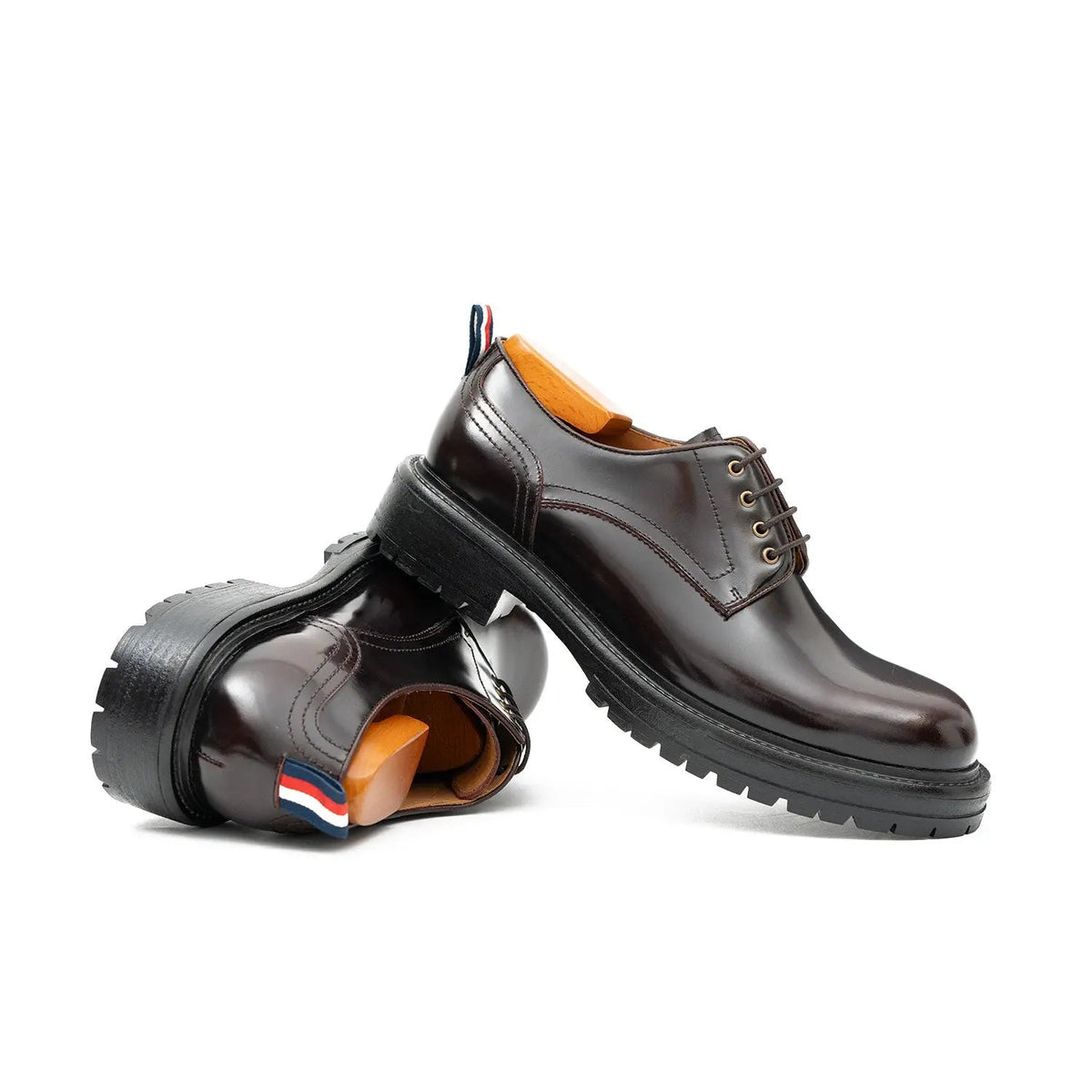 Very Dark Reddish Brown Plain-Toe Derby Shoes with Pull Tab