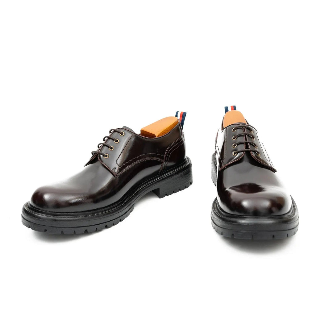 Very Dark Reddish Brown Plain-Toe Derby Shoes with Pull Tab