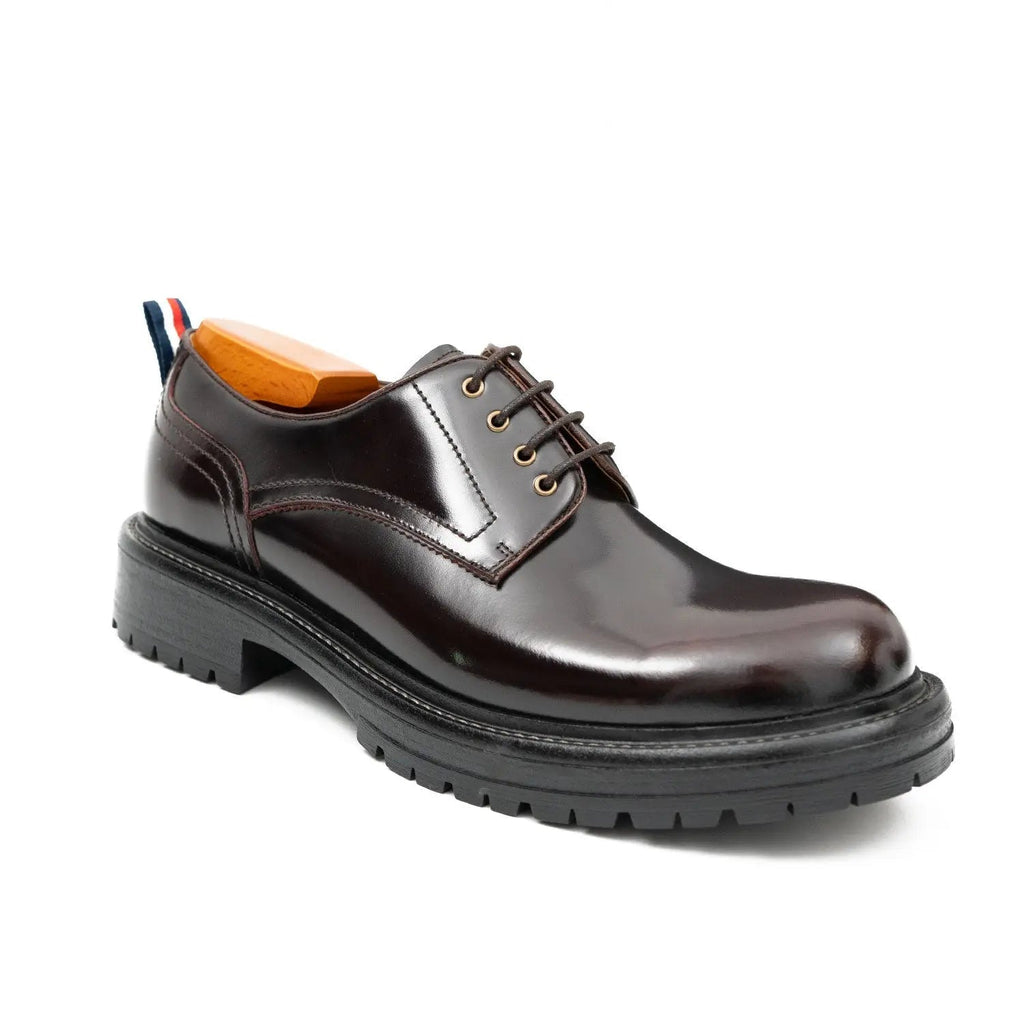 Very Dark Reddish Brown Plain-Toe Derby Shoes with Pull Tab