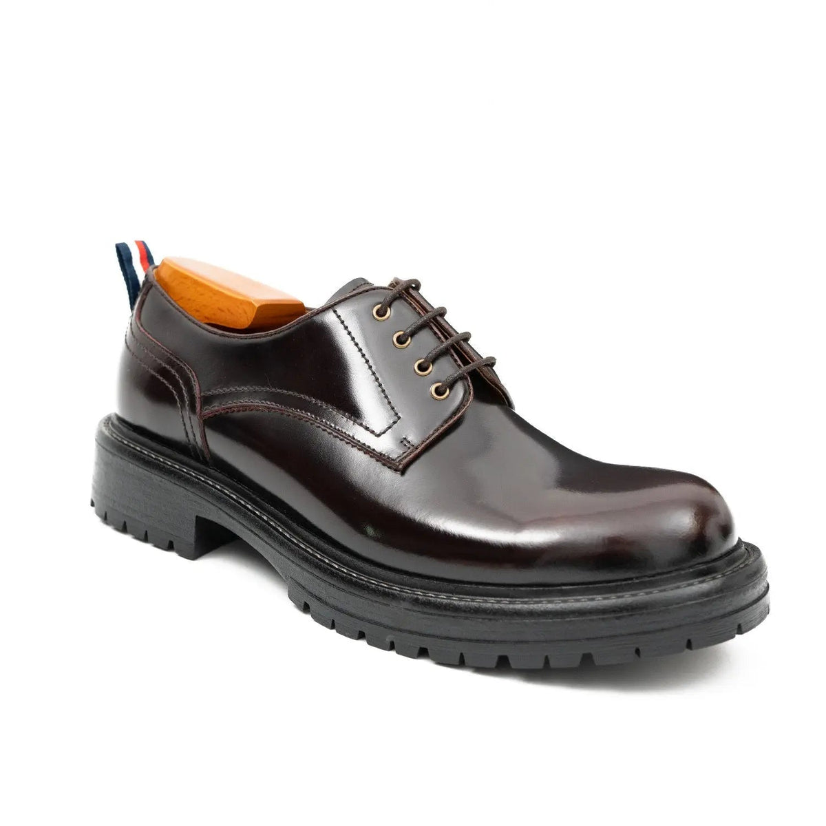 Very Dark Reddish Brown Plain-Toe Derby Shoes with Pull Tab