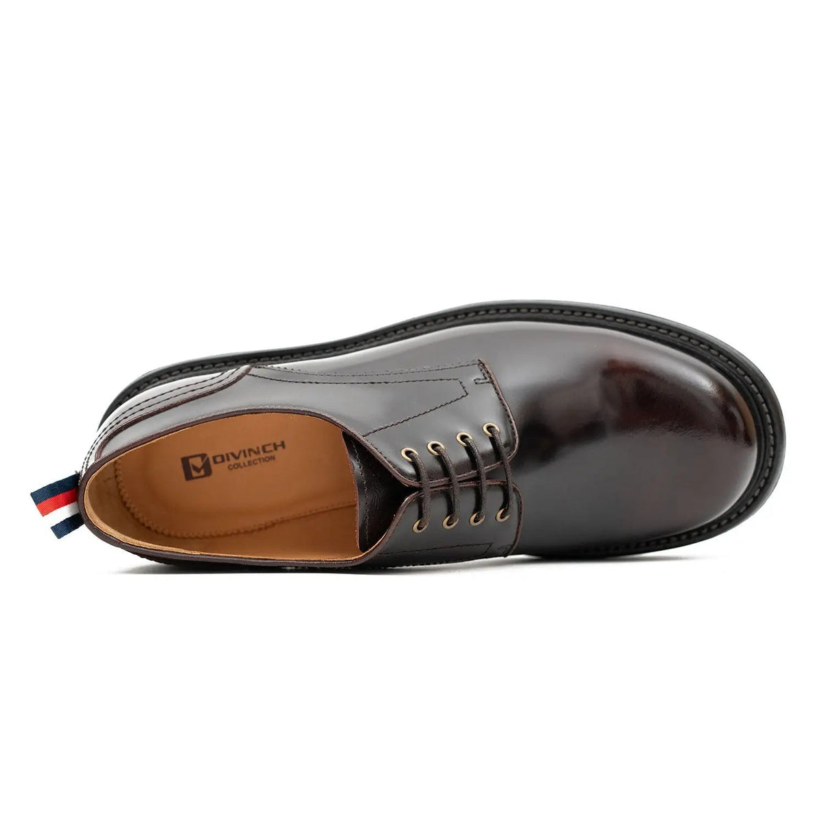 Very Dark Reddish Brown Plain-Toe Derby Shoes with Pull Tab