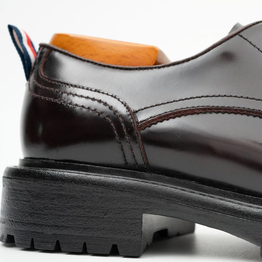 Very Dark Reddish Brown Plain-Toe Derby Shoes with Pull Tab