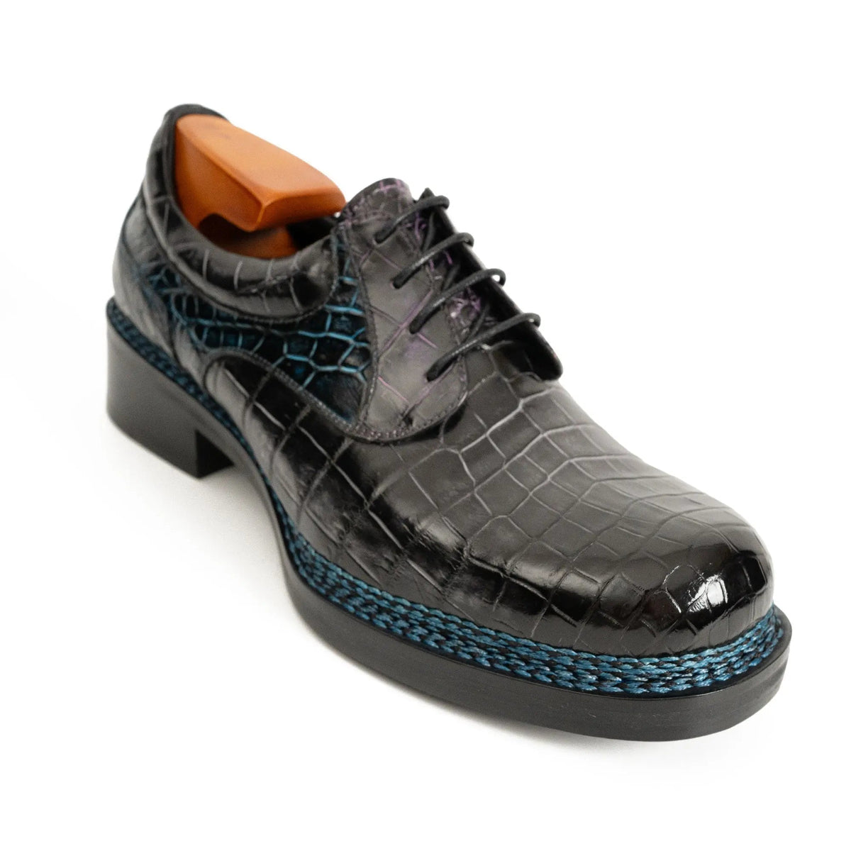 Deep Blue-Black Split Apron-Toe Derby Shoes