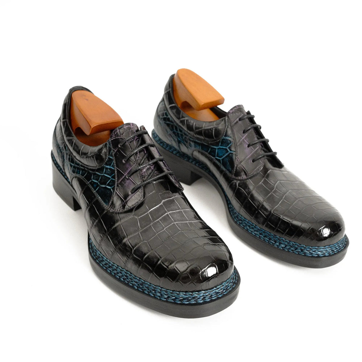 Deep Blue-Black Split Apron-Toe Derby Shoes