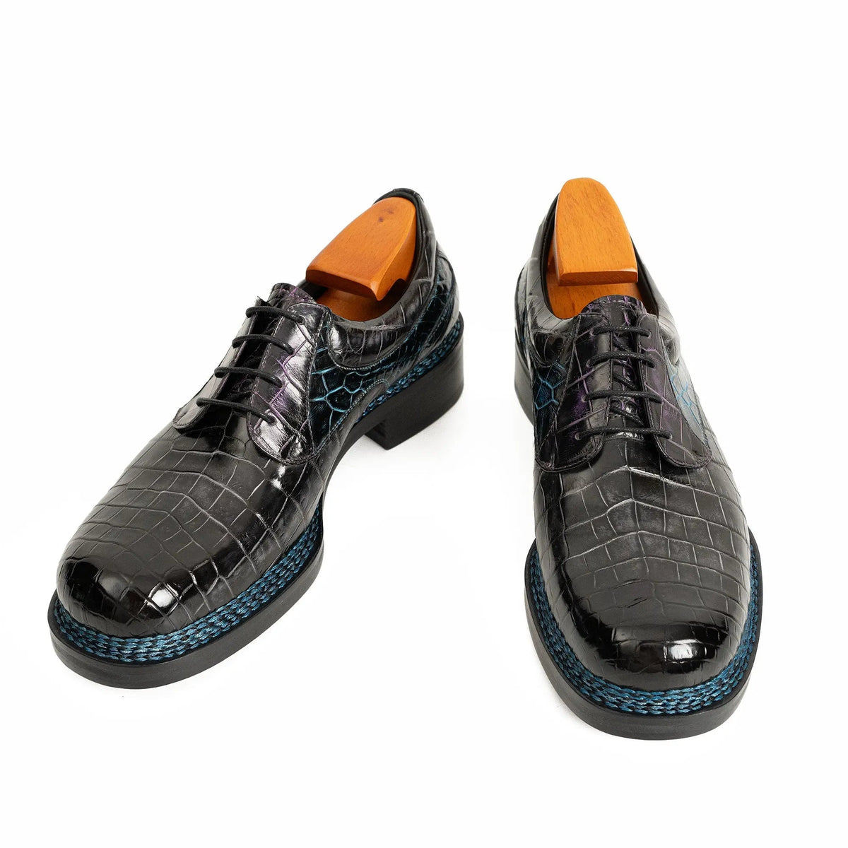 Deep Blue-Black Split Apron-Toe Derby Shoes