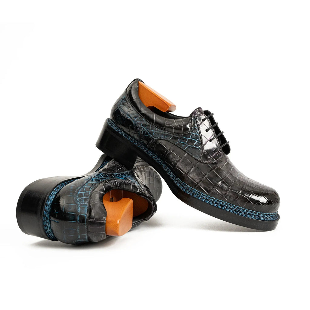 Deep Blue-Black Split Apron-Toe Derby Shoes