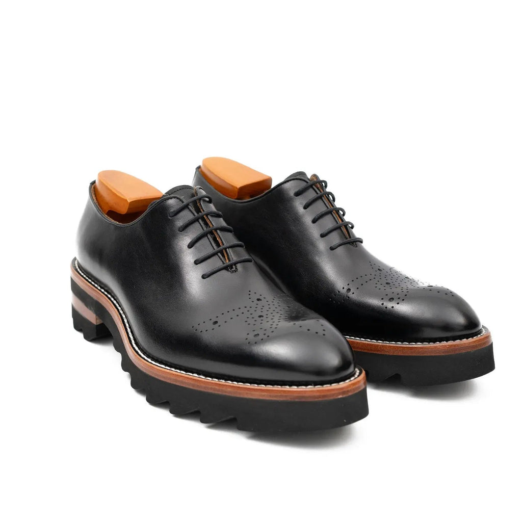 Black Round-Toe Oxford Shoes with Brown-Band Lug Sole