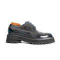 Dark Blue-Black Glossy Lug Sole Wingtip Derby Shoe