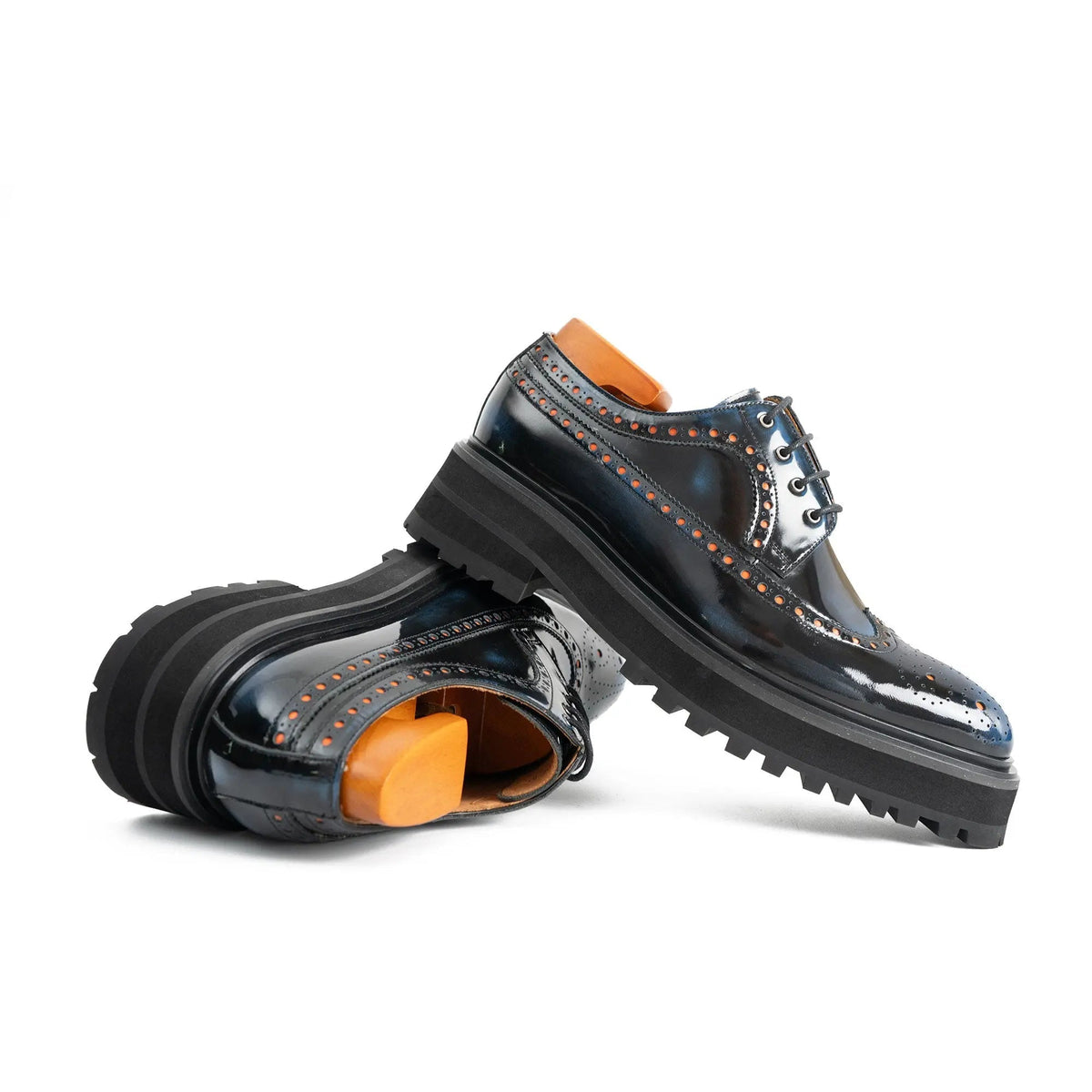 Dark Blue-Black Glossy Lug Sole Wingtip Derby Shoe