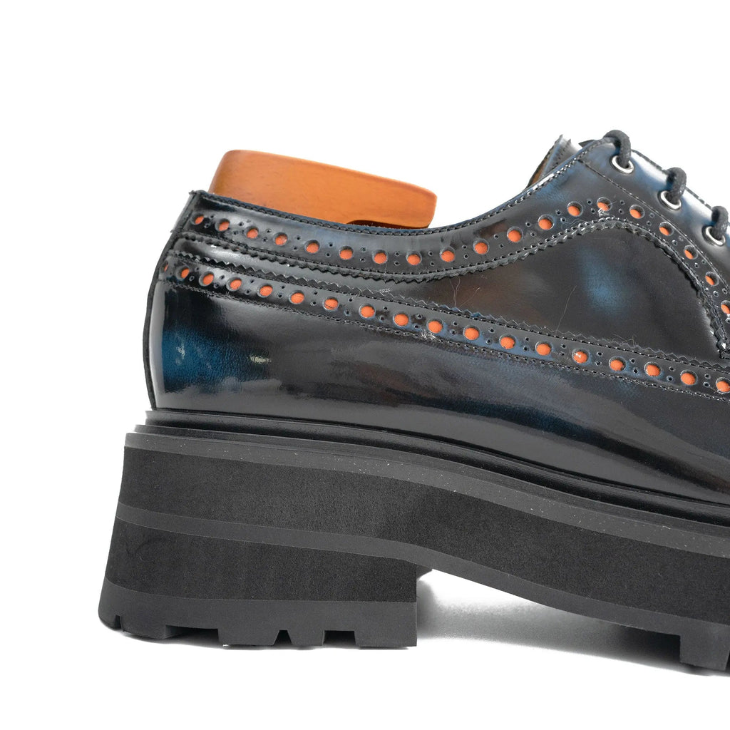 Dark Blue-Black Glossy Lug Sole Wingtip Derby Shoe
