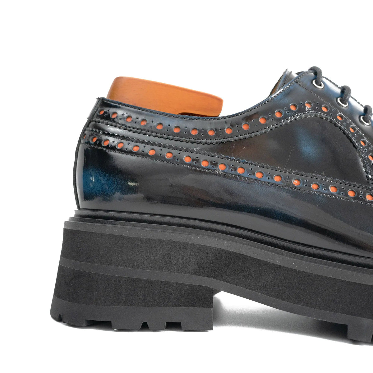 Dark Blue-Black Glossy Lug Sole Wingtip Derby Shoe