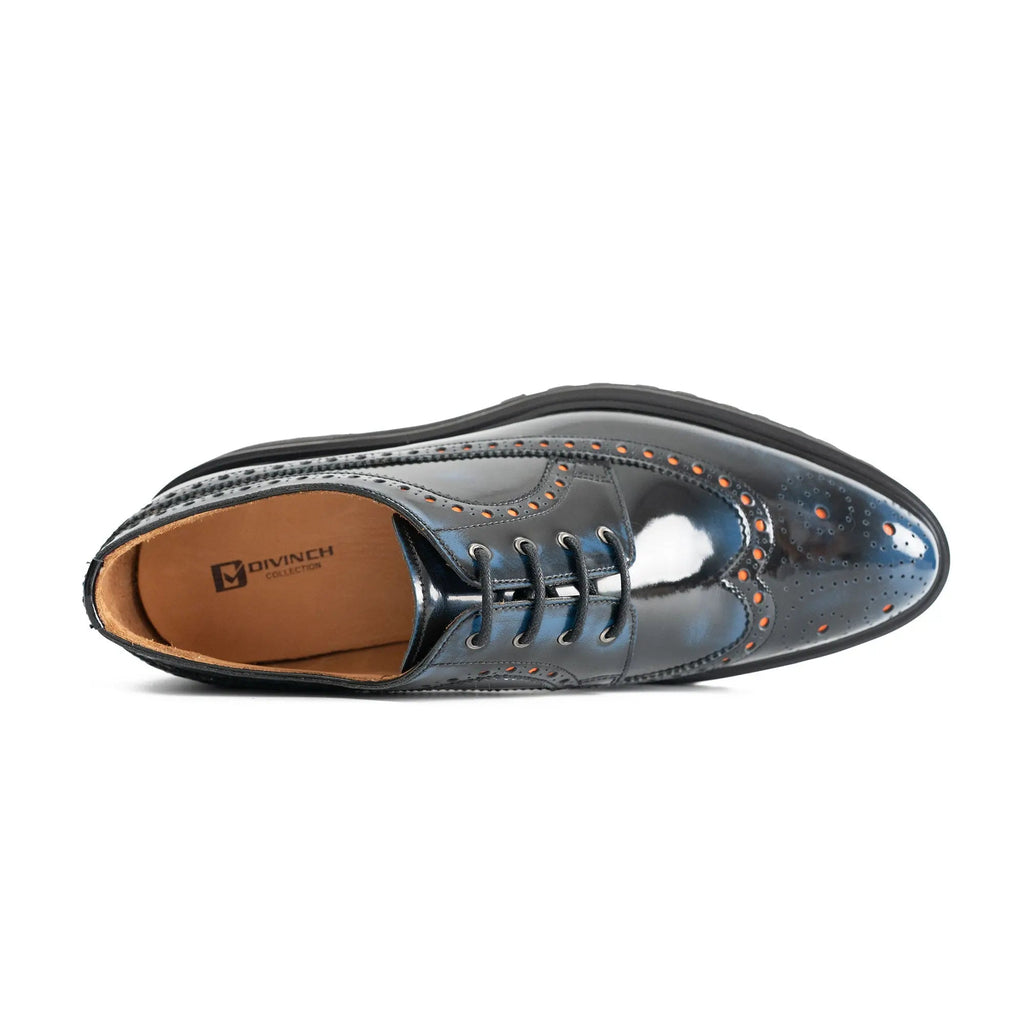 Dark Blue-Black Glossy Lug Sole Wingtip Derby Shoe