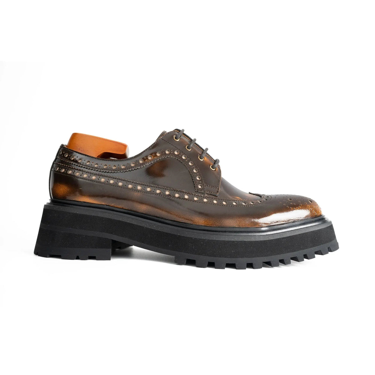 Brown Glossy Lug Sole Wingtip Derby Shoe