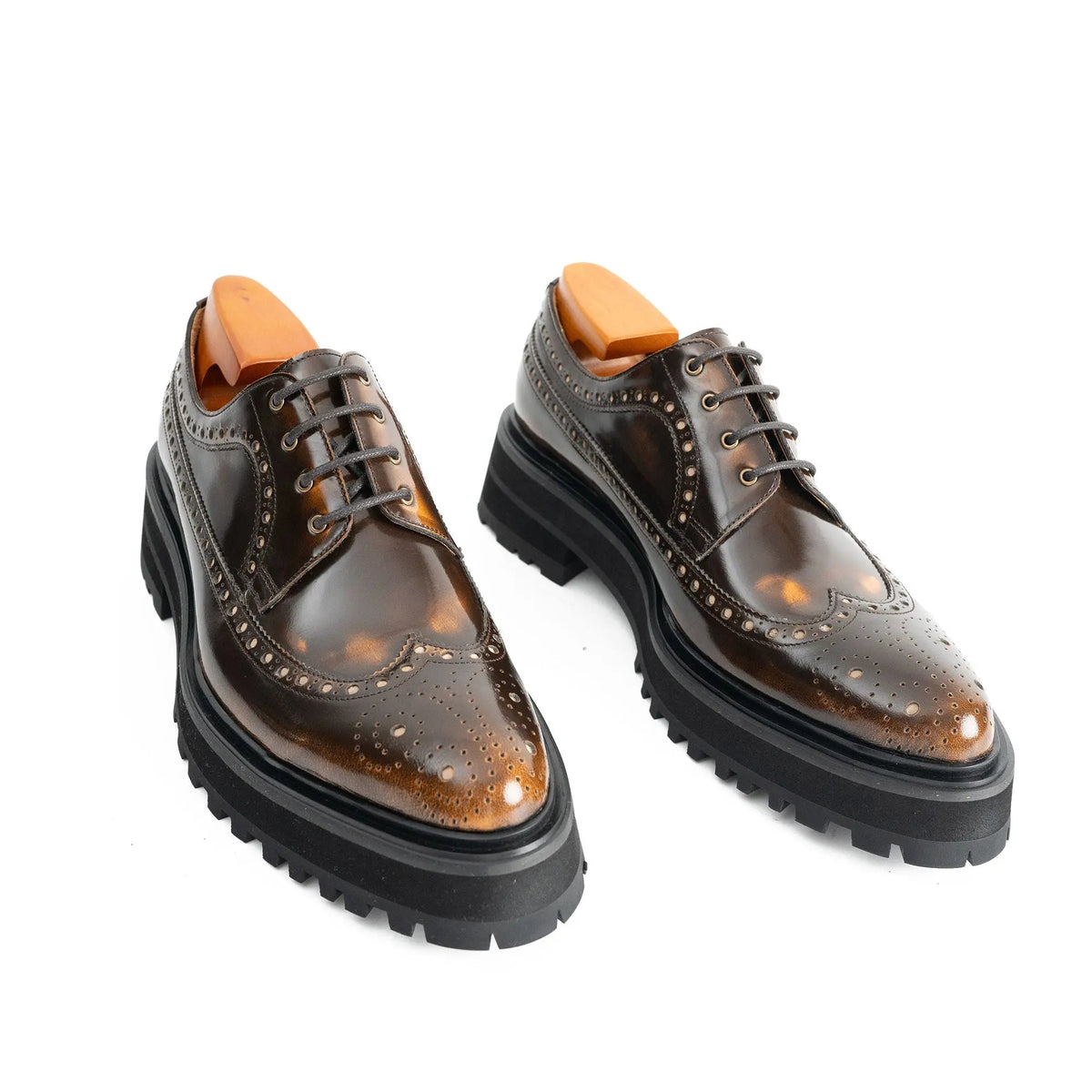 Brown Glossy Lug Sole Wingtip Derby Shoe