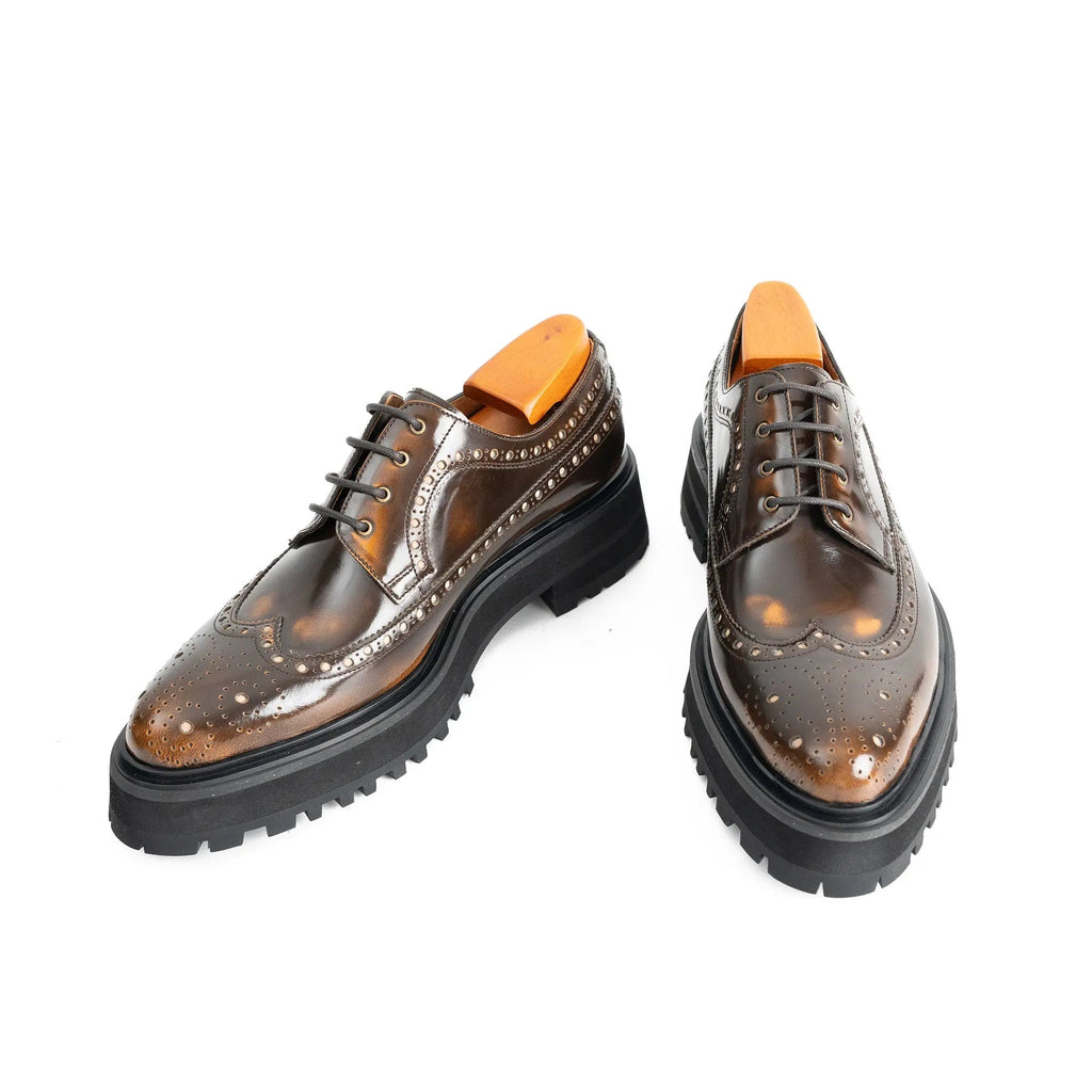 Brown Glossy Lug Sole Wingtip Derby Shoe