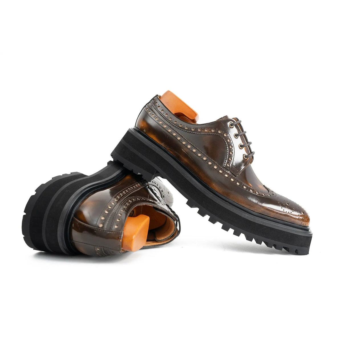 Brown Glossy Lug Sole Wingtip Derby Shoe
