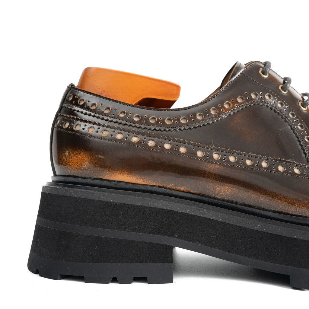 Brown Glossy Lug Sole Wingtip Derby Shoe