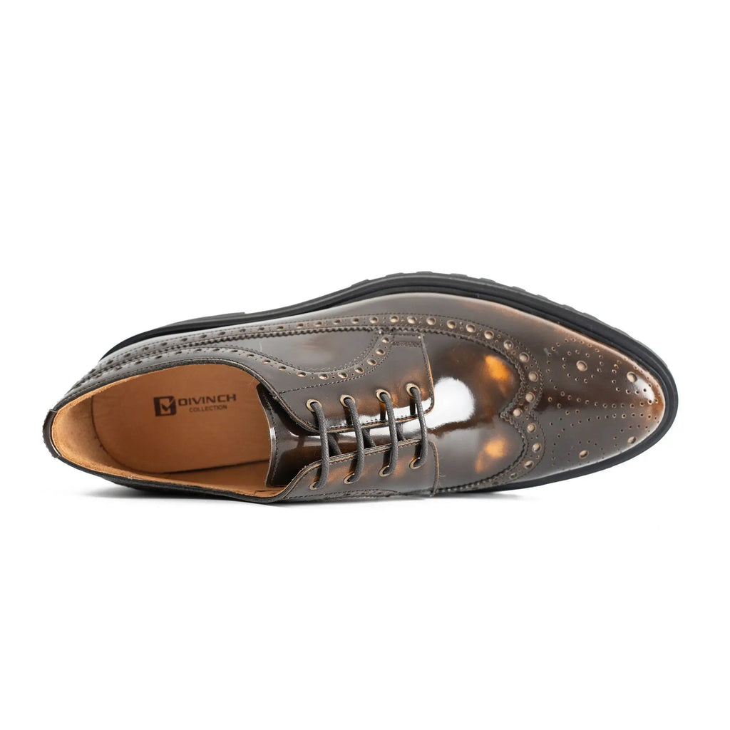 Brown Glossy Lug Sole Wingtip Derby Shoe