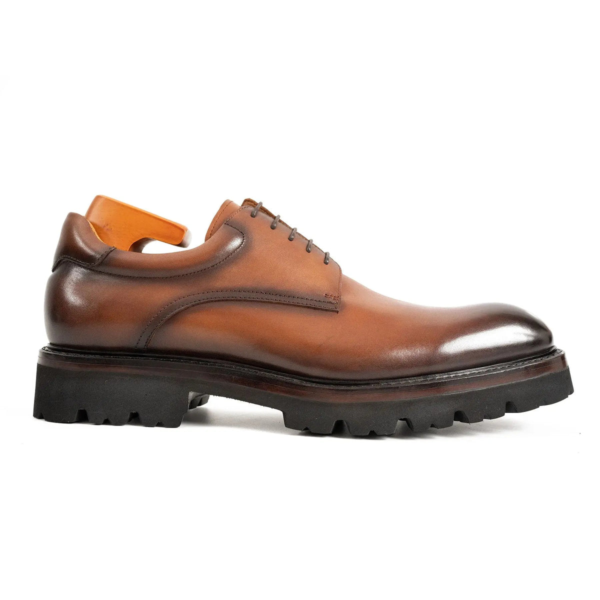 Brown Plain-Toe Derby Shoes with Lug Sole
