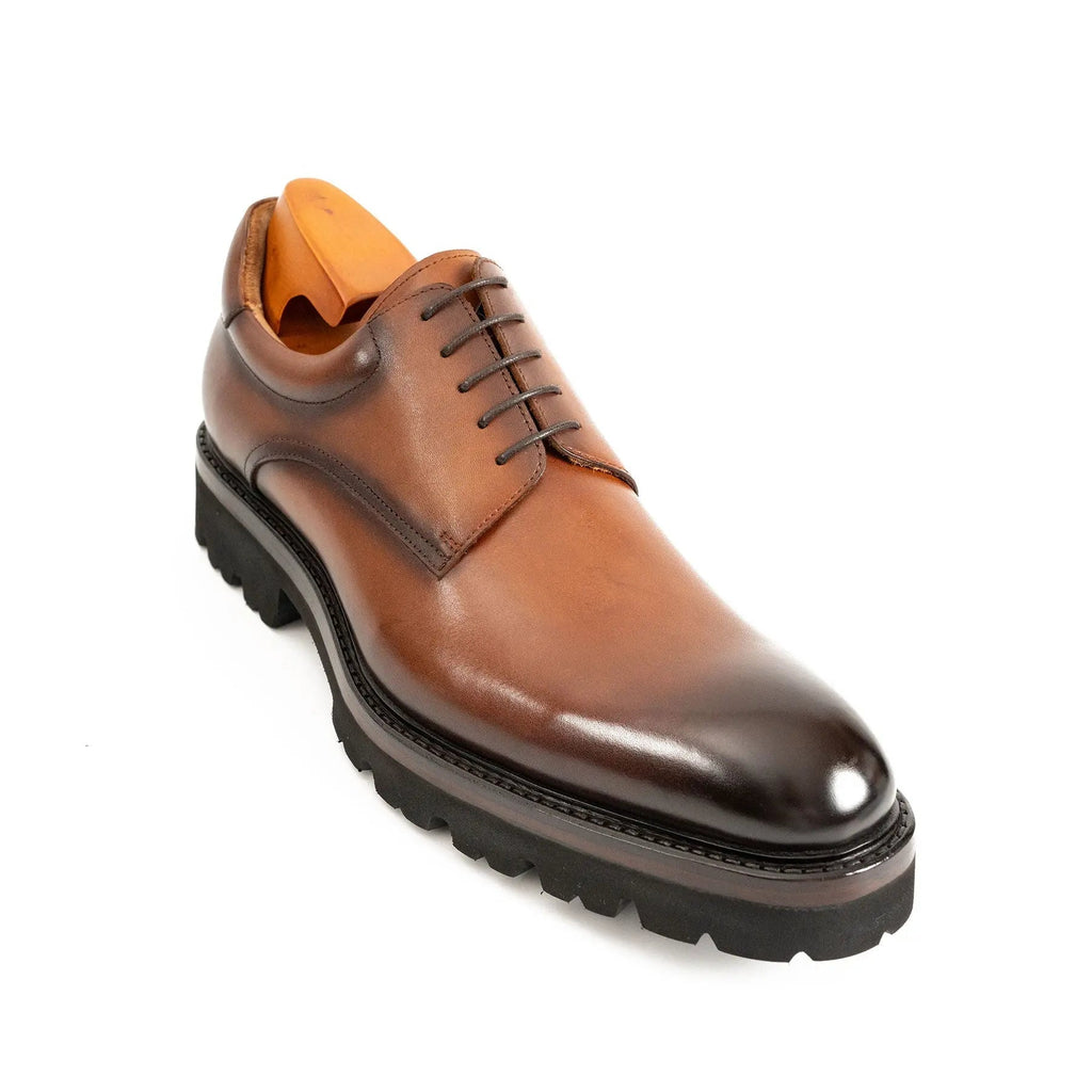 Brown Plain-Toe Derby Shoes with Lug Sole
