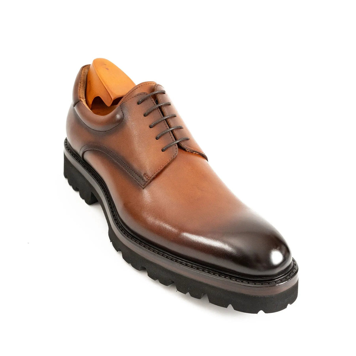 Brown Plain-Toe Derby Shoes with Lug Sole