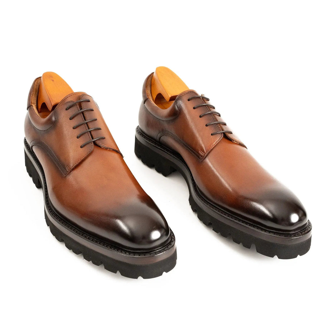 Brown Plain-Toe Derby Shoes with Lug Sole